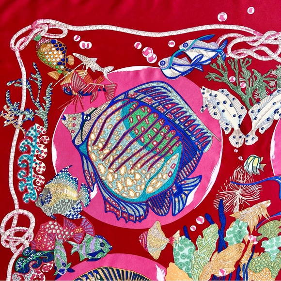 Hermes Vintage 1992 Nautical 'Grands Fonds' Silk Carré Scarf Crimson - Picture 8 of 13